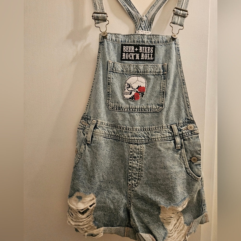 Distressed Denim Overalls with Skull Patch